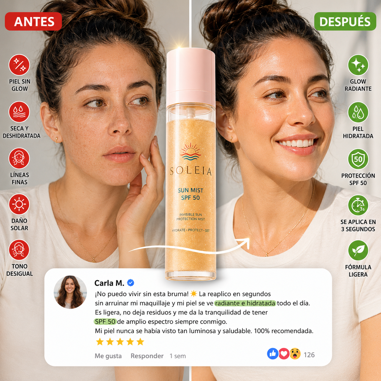 Bruma invisible SPF 50 con ácido hialurónico y acabado glow.