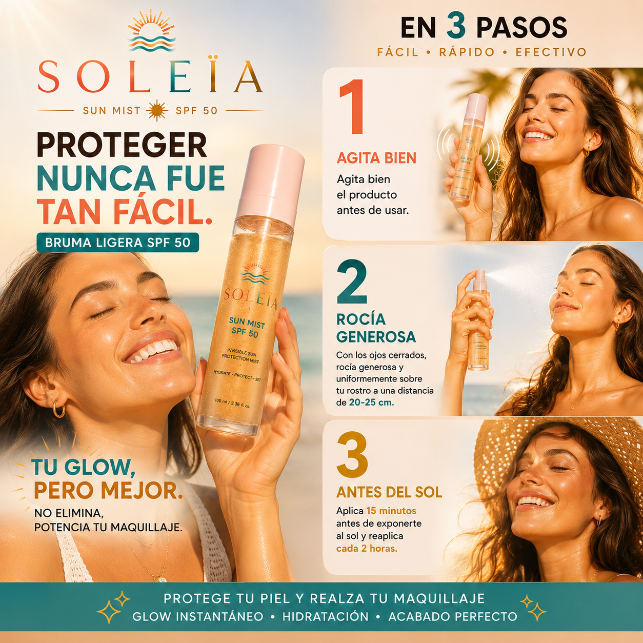 Bruma invisible SPF 50 con ácido hialurónico y acabado glow.