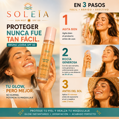 Bruma invisible SPF 50 con ácido hialurónico y acabado glow.