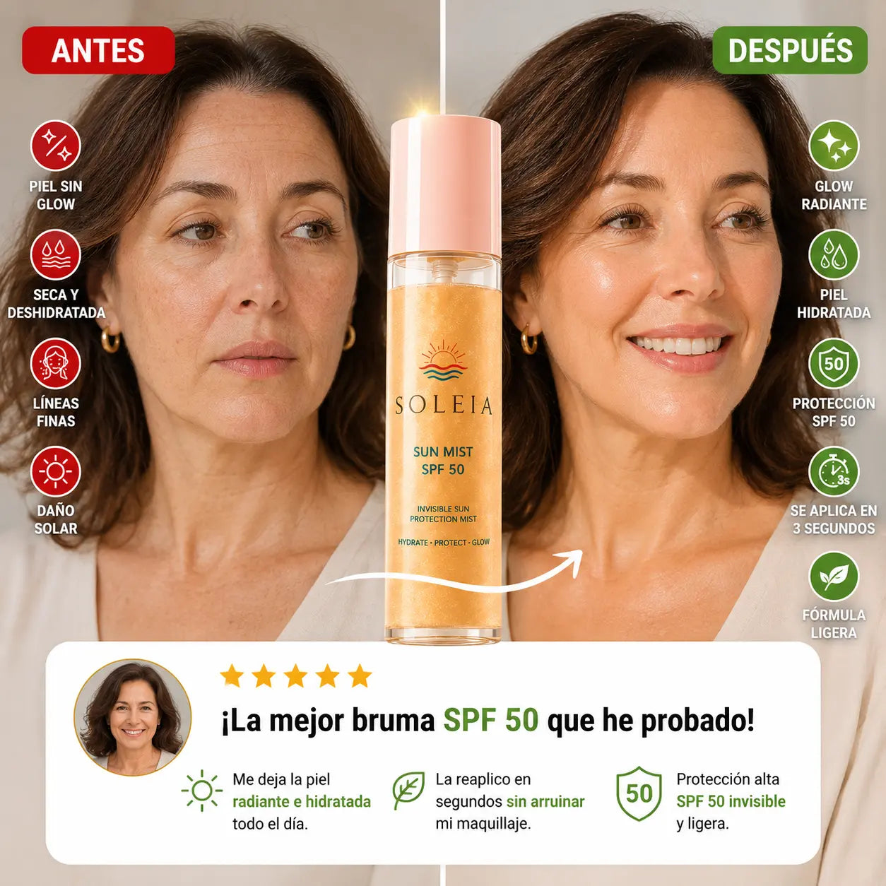 Bruma invisible SPF 50 con ácido hialurónico y acabado glow.