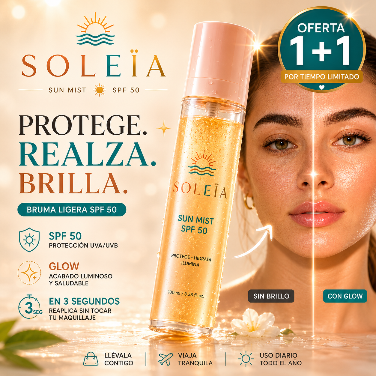 Bruma invisible SPF 50 con ácido hialurónico y acabado glow.