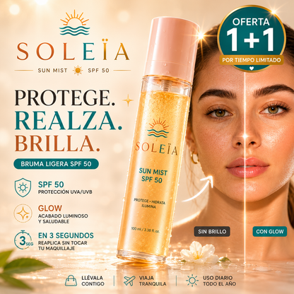 Bruma invisible SPF 50 con ácido hialurónico y acabado glow.