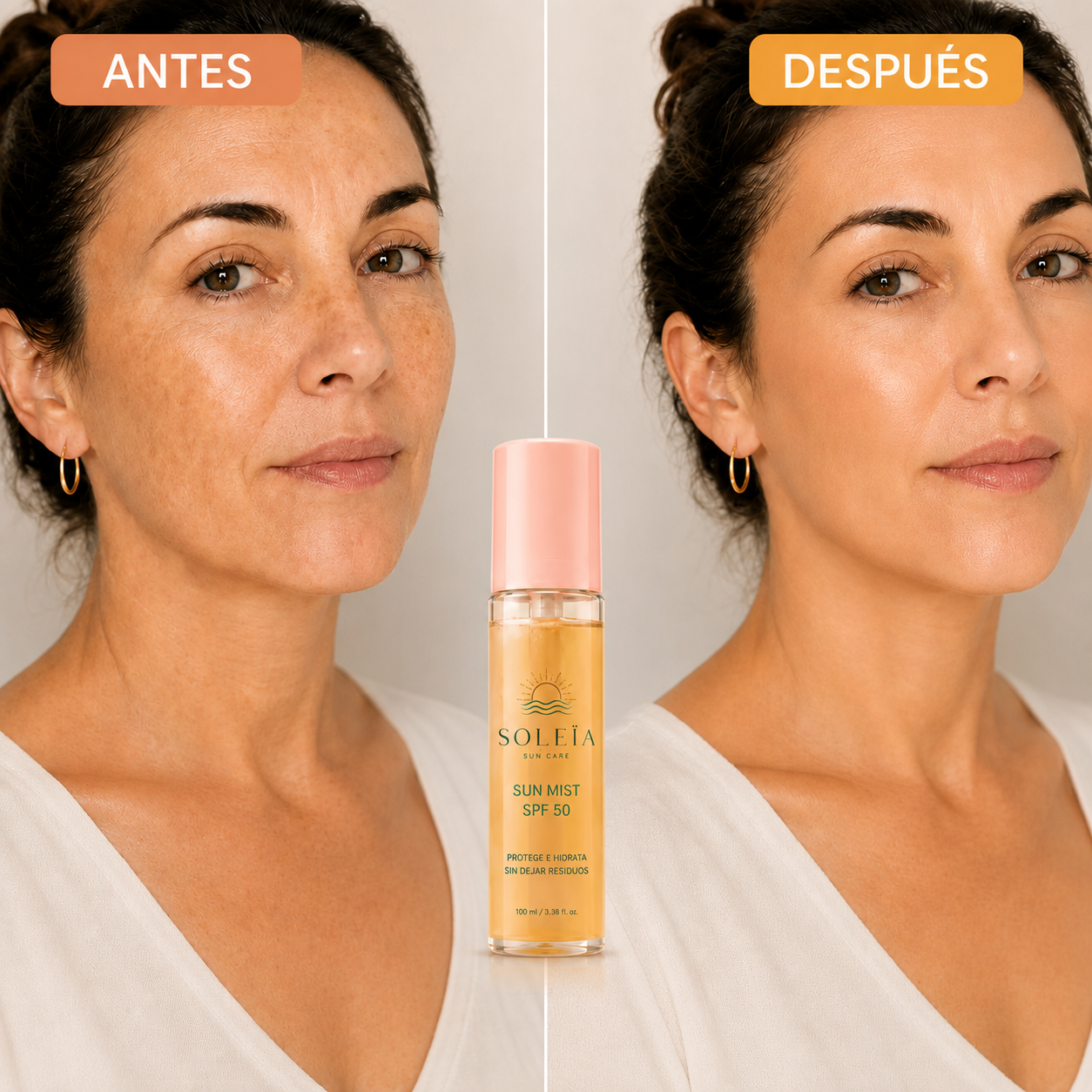 Bruma invisible SPF 50 con ácido hialurónico y acabado glow.