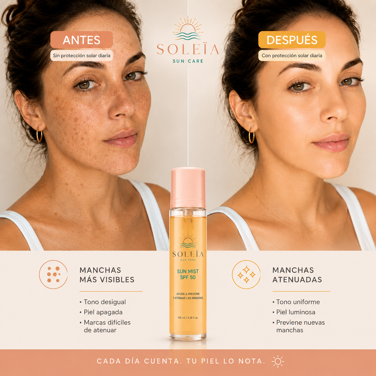 Bruma invisible SPF 50 con ácido hialurónico y acabado glow.