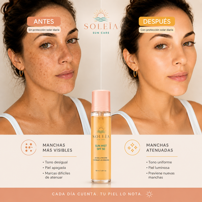 Bruma invisible SPF 50 con ácido hialurónico y acabado glow.