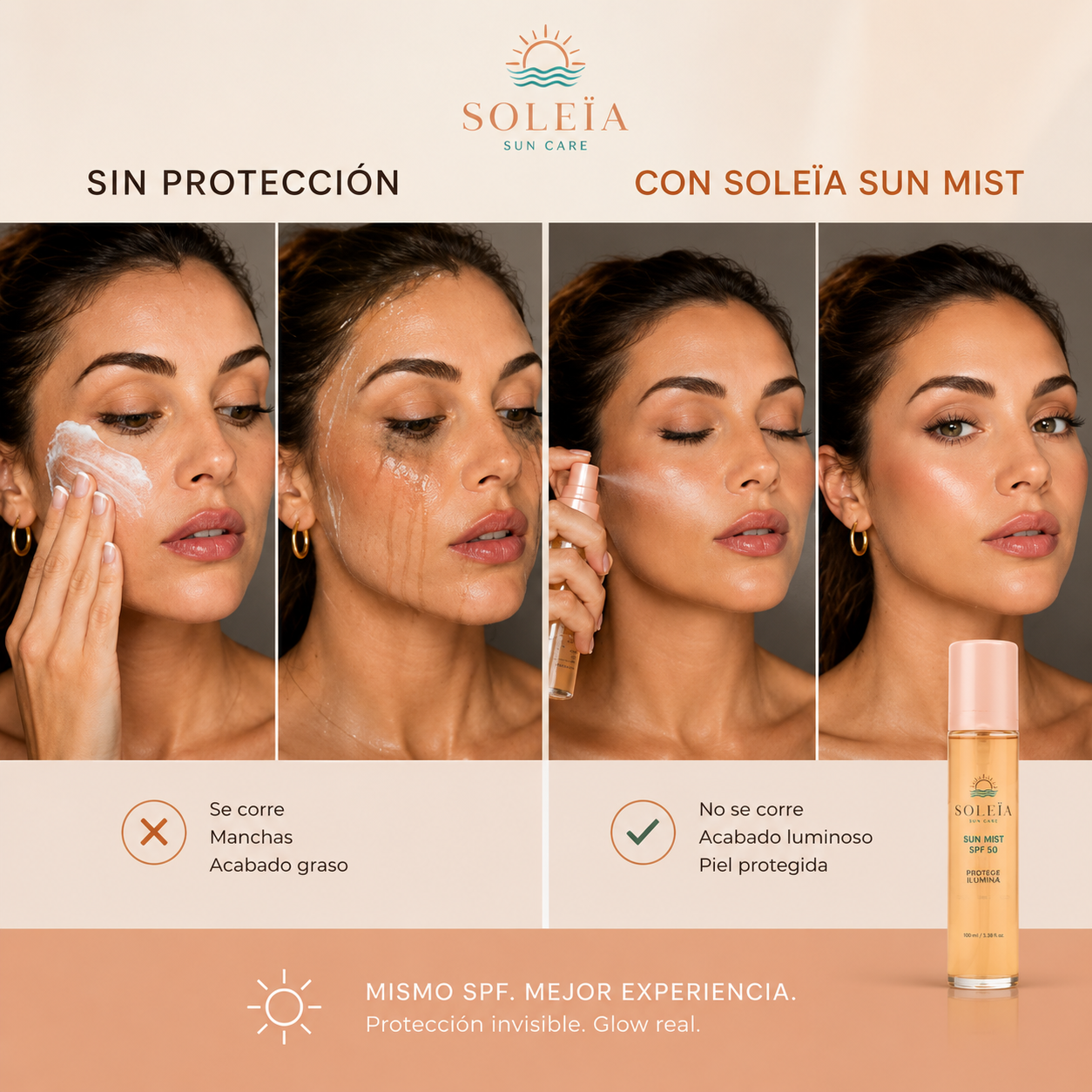 Bruma invisible SPF 50 con ácido hialurónico y acabado glow.