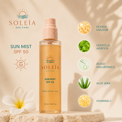 Bruma invisible SPF 50 con ácido hialurónico y acabado glow.