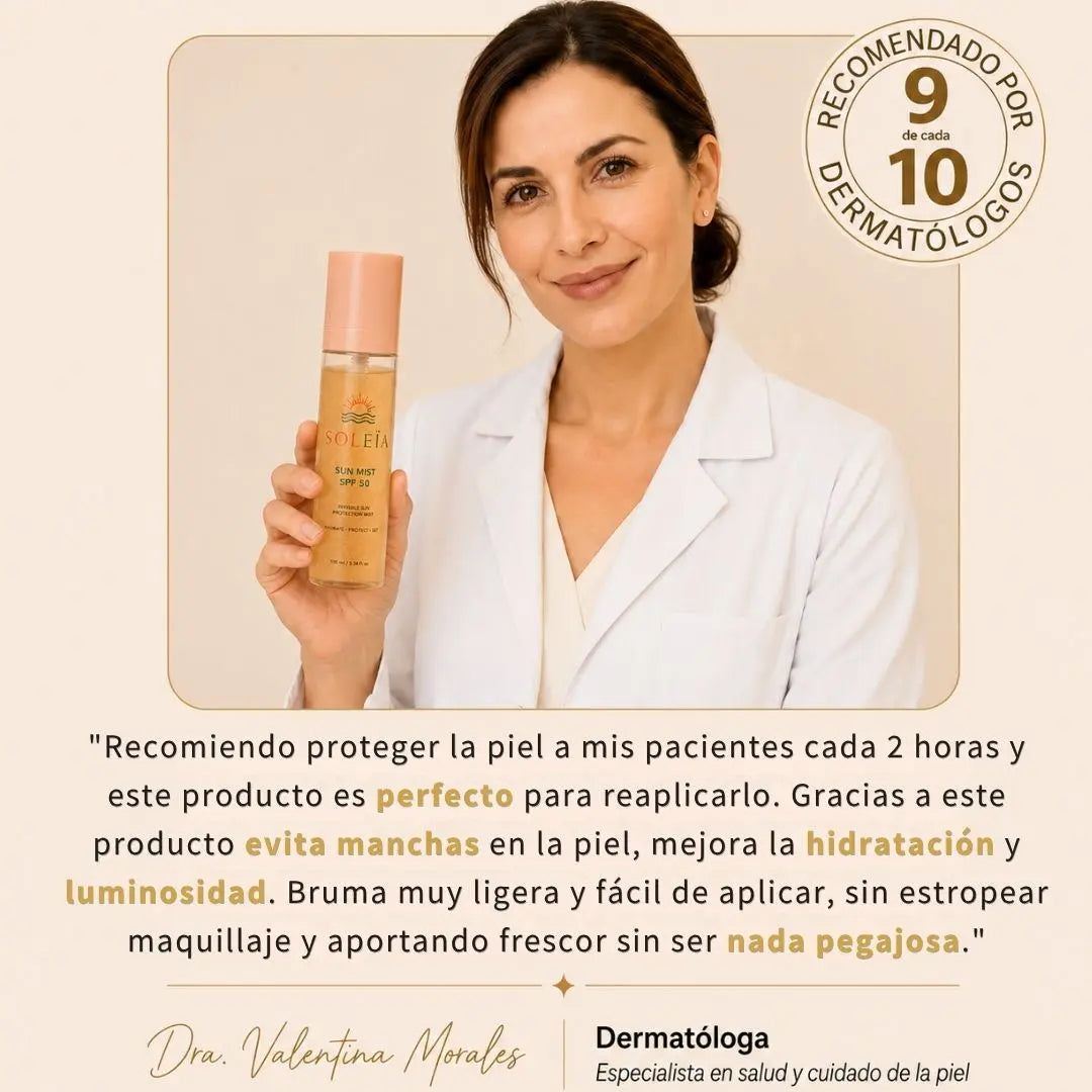 Bruma invisible SPF 50 con ácido hialurónico y acabado glow.