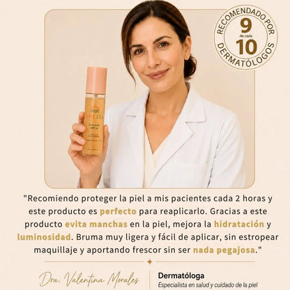 Bruma invisible SPF 50 con ácido hialurónico y acabado glow.