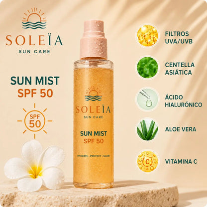 Bruma invisible SPF 50 con ácido hialurónico y acabado glow.
