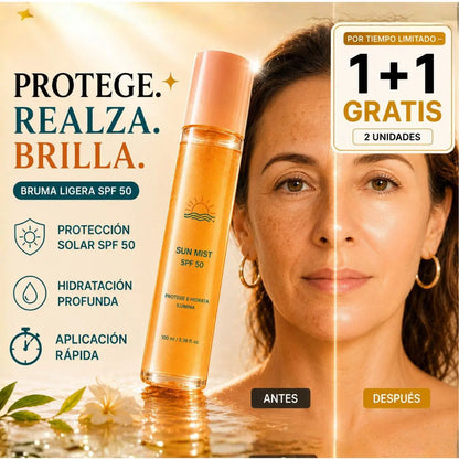 Bruma invisible SPF 50 con ácido hialurónico y acabado glow.
